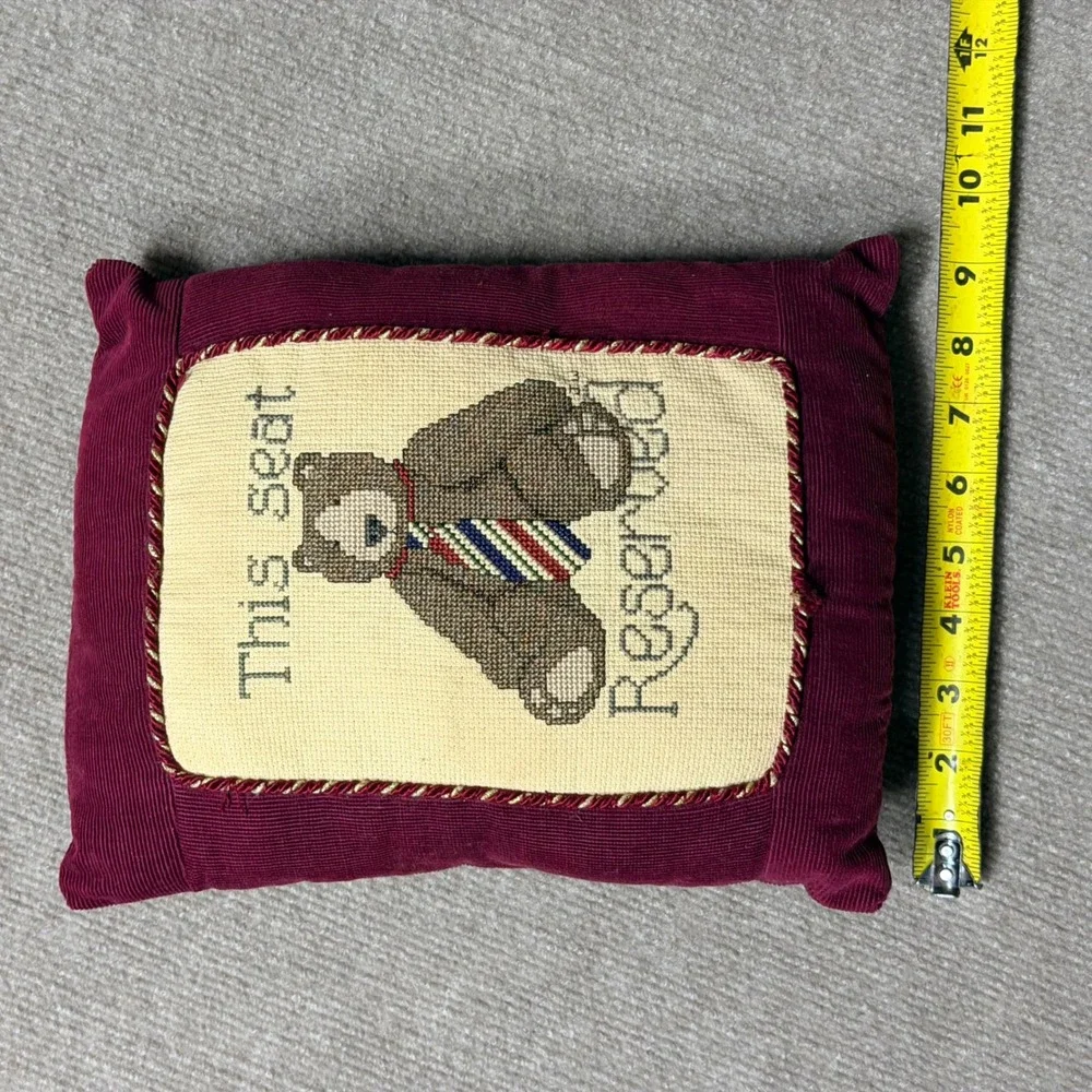 Vtg Needlepoint Teddy Bear This Seat Reserved Accent Pillow Burgundy Corduroy